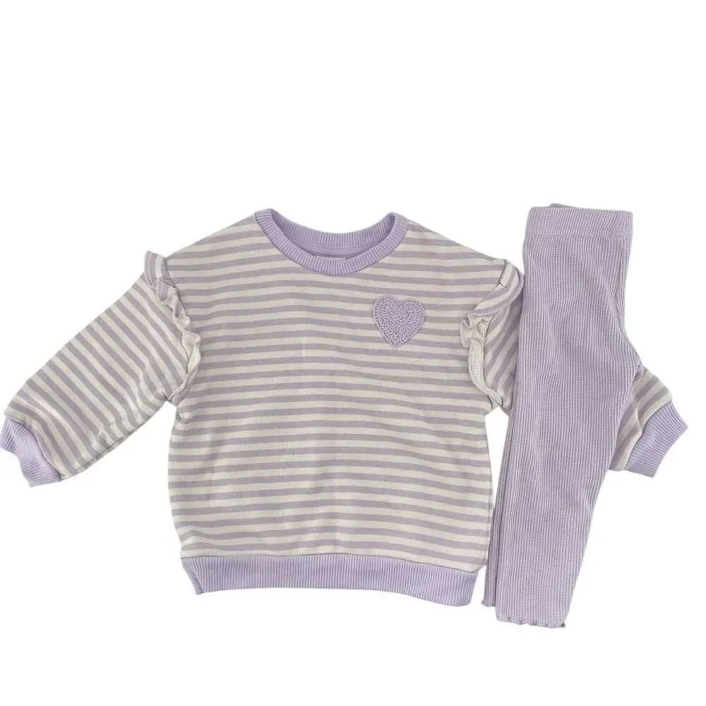 Girls 18M Purple Striped Ruffle Sweatshirt Waffle Knit Leggings 2pc Playwear Set